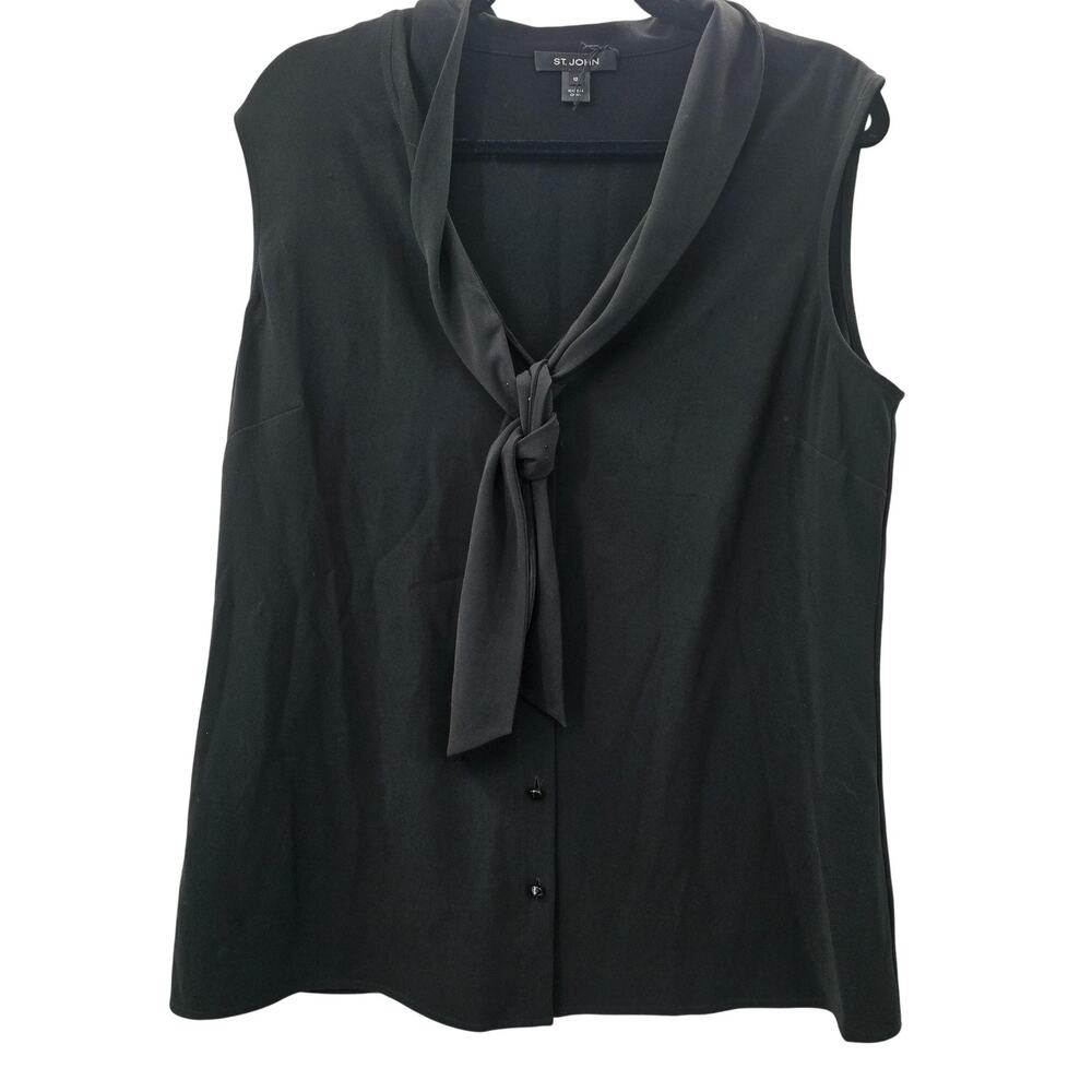 St John Black Sleeveless Blouse Womens Size 12 Tie Neck Rhinestone